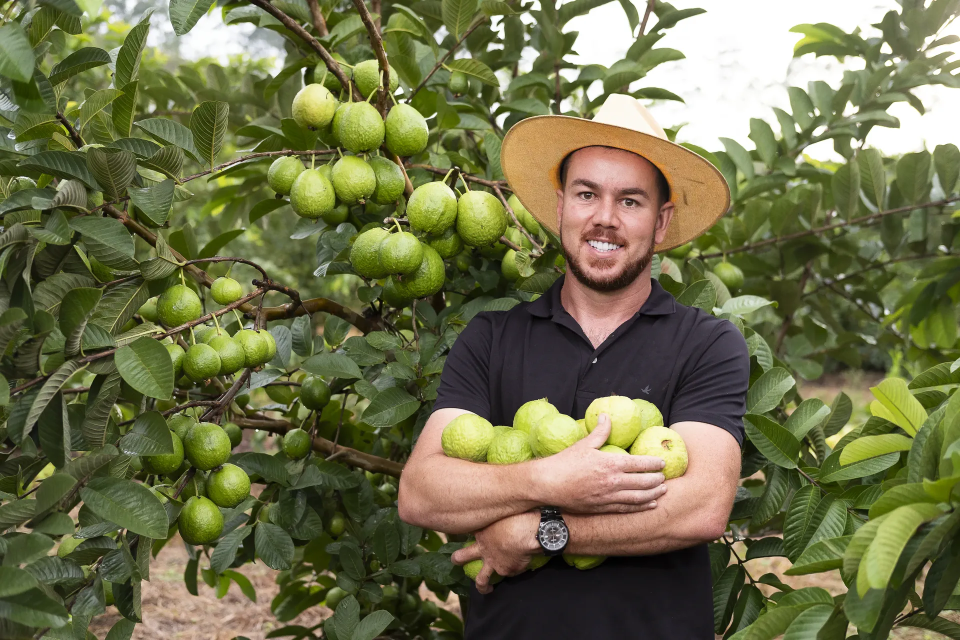 Thiago José em um pomar carregado de frutas